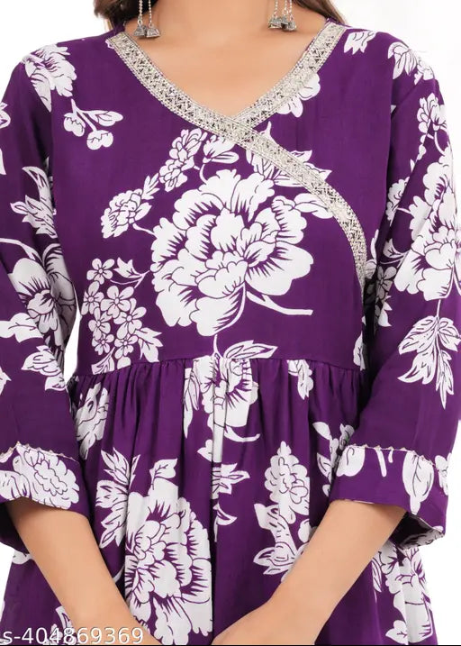 Vihin Textile women's party wear angkra kameez kurti, purple floral embroidered with silver border