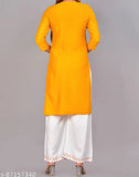 Rayon Kurta & Palazzos Set, embroidered net three-quarter sleeve Indian women's fashion on mannequin