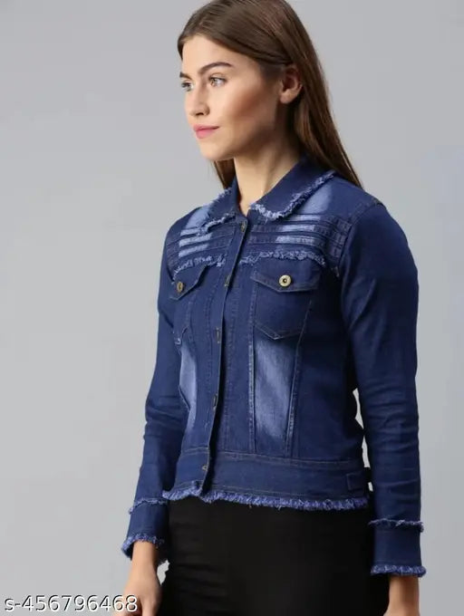 Dark blue denim jacket for women/girls, solid pattern, long sleeves. Size options available: S, M, L, XL. Perfect for summer and winter seasons