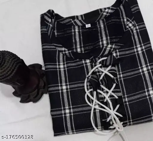 Black woolen check kurta with zipper closure