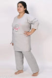 Printed cotton-blend pyjama night suit with full sleeves for plus size women, featuring hosiery bottoms and a net pattern. Available in sizes: 4XL, 5XL, 6XL. Made in India