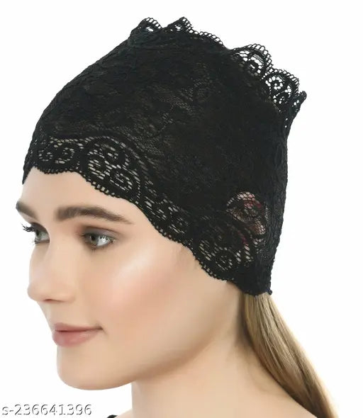 Black lace headscarf with hijab cap, stretchable fabric for women