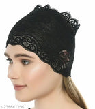 Black lace headscarf with hijab cap, stretchable fabric for women