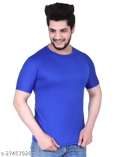 Men's regular half sleeve casual round neck polyester t-shirt, solid color in various sizes M, L, XL. Short sleeves, made in India