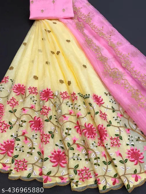 Dupion silk Lehenga Choli with floral embroidery, net dupatta featuring cut work border, India-origin traditional Indian wedding attire