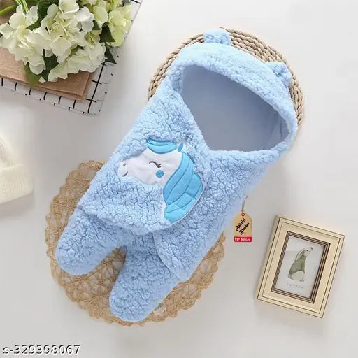 Blue microfiber hooded baby wrapper/blanket with soft fabric, ideal for comfort and safety