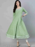 Green rayon embroidery kurta with three-quarter sleeves, printed combo design for women, Indian fashion on display
