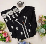 Black embroidered rayon kurta pants set with short kurti and Palazzo bottoms, long sleeves, Indian party wear