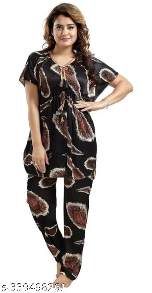 Sexy printed satin babydoll nightwear sleepwear set, short-sleeved pyjamas for women, available in S, M, L, XL, free size