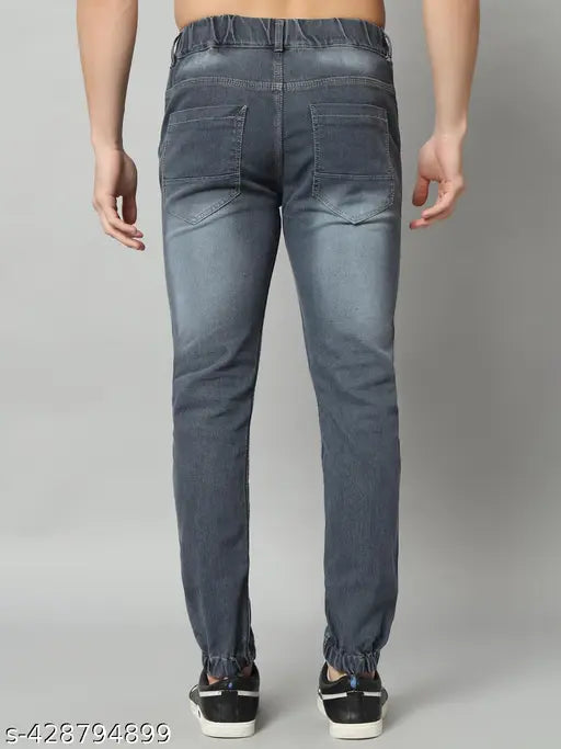 Classic Grey Stretch Jogger Jeans for men, denim with monkey wash shade, size 26 (waist 28in, length 39in, hip 34in), made in India