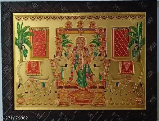Synthetic resin, 9x12 inch Indian Goddess Lakshmi photo frame with cow motif in gold print