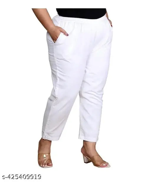 Trendy cotton lycra jumbo trousers for women with 2 side pockets, comfortable and stylish plus-size ankle length pants from India