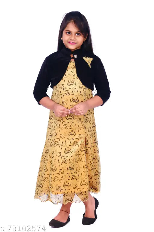 Yellow embroidered dress with long sleeves, knee-length, girl standing