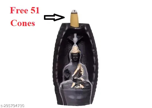 7cm x 13cm Poly Resin Sitting Buddha Statue with 51 Backflow Cones, ideal for home living room or bedroom decor