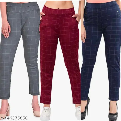 Grey maroon blue lycra checked jeggings combo for women's/girls, 3-pack with double pockets and stretchable design
