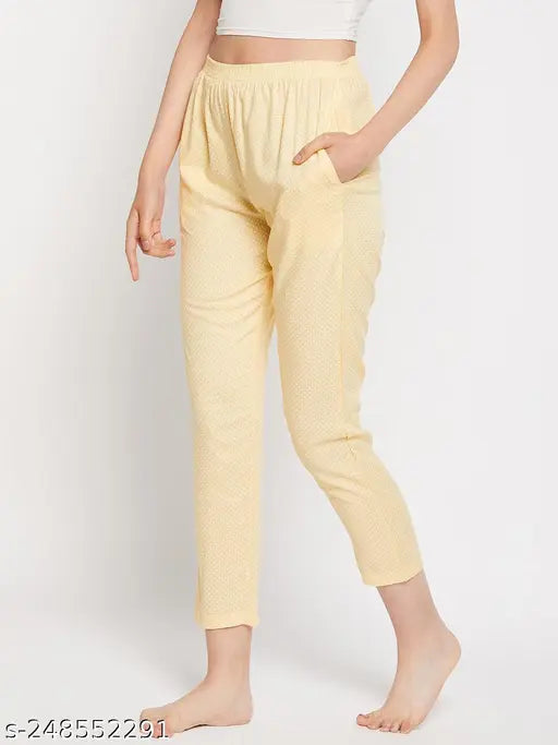 Yellow print rayon cotton women's straight leg full length pyjamas