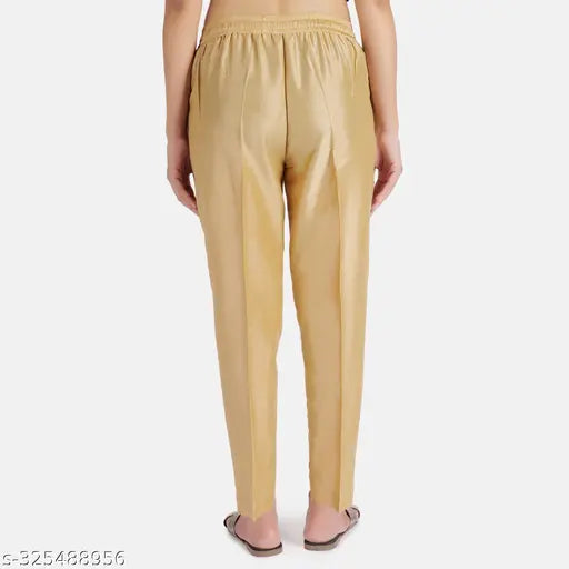 Women's golden poly blend solid net kurti pant, full elastic with drawstring, both side pockets #Kurti Trouser #Golden Kurti Pant
