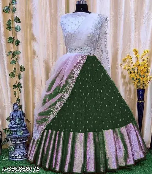 Orgenza Zari Traditional South Indian Half Saree, art silk top with organza dupatta and net bottom, embroidered design and zari work, semi-stitched choli with unstitched blouse (40inch waist, 3m flair), ready to ship from India