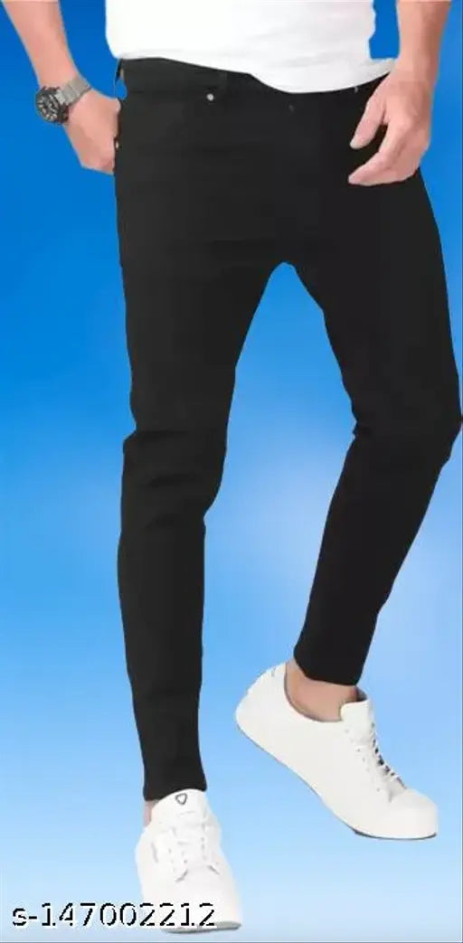 Mens black slim fit denim jeans, solid design, hand wash only, MARKVIEW brand