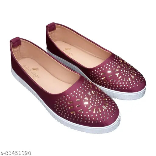 Red synthetic mojaris and juttis for women's festivals & parties, embellished ballerinas by Bally Foot in red maroon color
