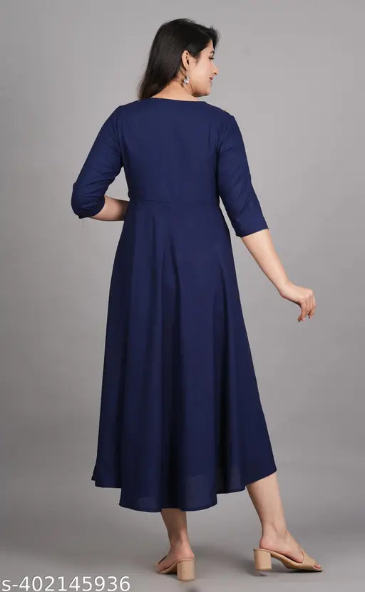 Blue viscose rayon Anarkali gown for partywear, solid style with three-quarter sleeves