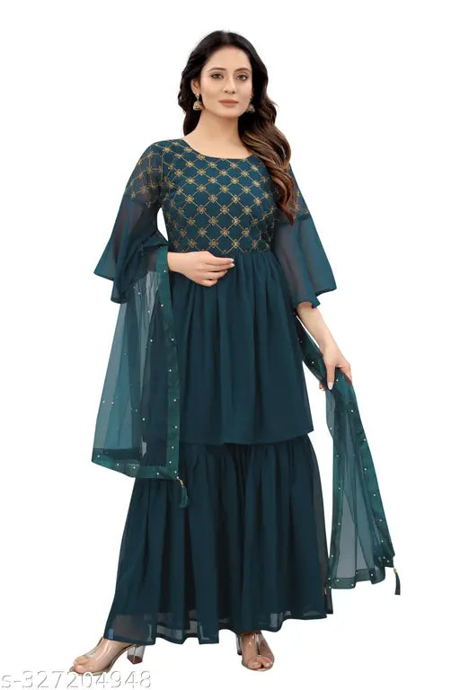 Dark teal chiffon sharara with long sleeves and matching dupatta