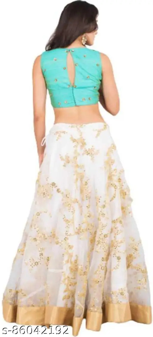 Silk & net embellished Bollywood lehenga-choli set, embroidered with Indian artistry. Free size, 42 inch waist and length