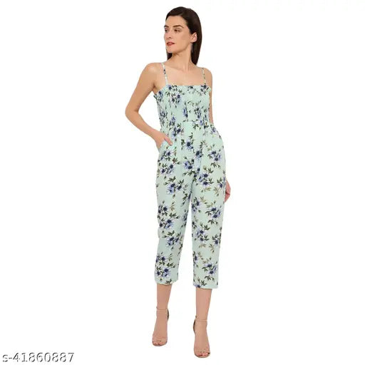 Crepe printed jumpsuit for women, sleeveless, Indian origin, size S-XL