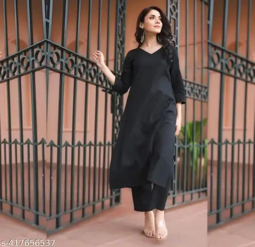 Solid black cotton kurti palazzos, breathable, flattering fit, elastic waistband, intricate embroidery, traditional Indian attire