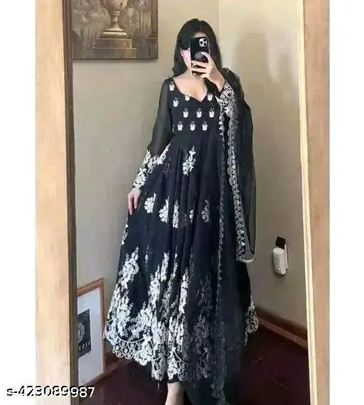 Embroidered Georgette Anarkali Gown, intricately designed Indian gown with long sleeves, available in sizes S-XXXXL