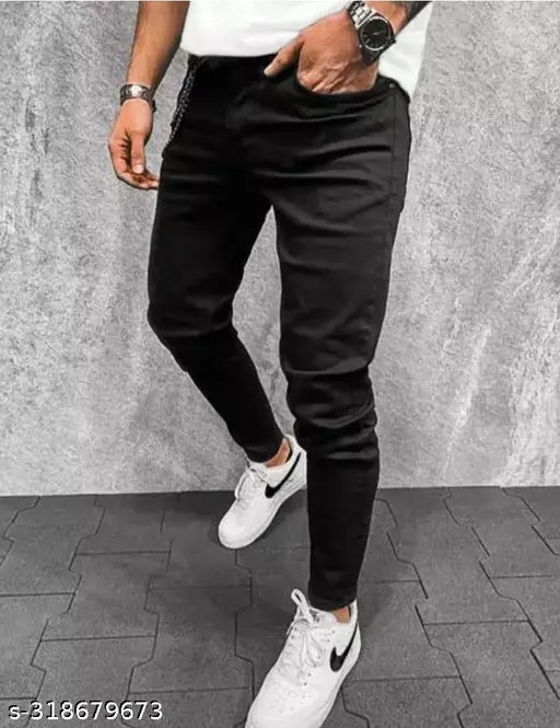 Plain black denim jeans, MOD MEN DSKL23I for men, solid pattern, size 28, 30, or 32