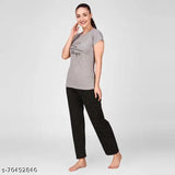 Trendy hot pink & black cotton women's night suit set, comfortable sleepwear with floral pyjama bottoms