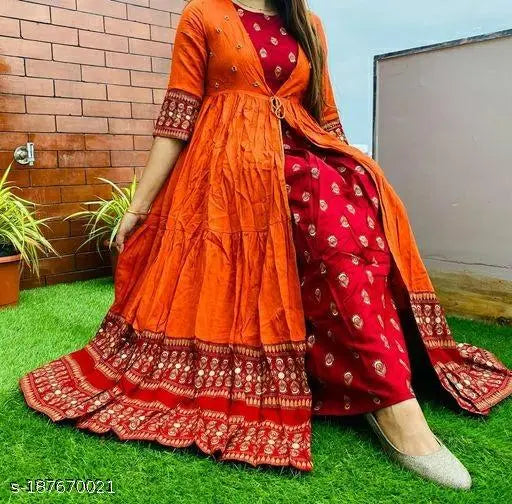 Orange printed shrug kurta with embroidery