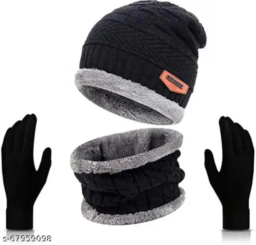Wool fur-lined winter cap, neck warmer, and gloves. Protective set for cold weather