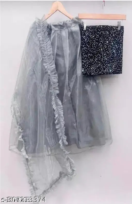 Velvet Kidz Lahenga Choli with long sleeves, embellished and stitched net dupatta on display