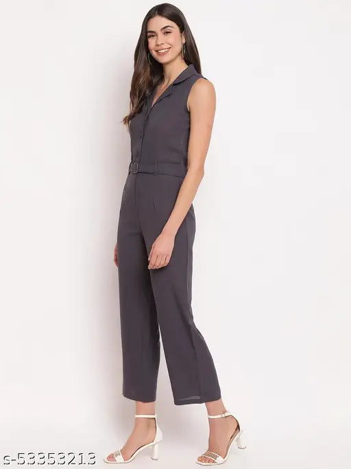 Grey polyester sleeveless Mayra women's partywear jumpsuit on hanger, perfect for evening events