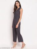 Grey polyester sleeveless Mayra women's partywear jumpsuit on hanger, perfect for evening events