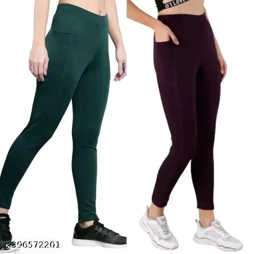 Bottle green and wain solid gym leggings combo for activewear, polyester spandex blend with skin-fit, one side pocket