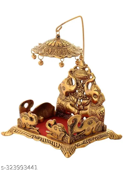 Metal Puja Singhasan Aasan Throne and Chatra Umbrella, Ganesha Krishna idol statue for temple decor (Size: 9"x6"x5.5")
