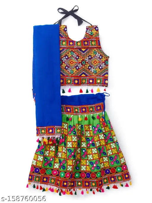 Green Banjara India Kutchi EmbroideGreen Girls Chaniya Choli with Dupatta - Cotton outfit for young girls, featuring intricate embroidery and sleeveless style