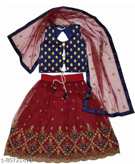 Modern trendy kids' silk lehenga-choli set with net dupatta, sleeveless, embroidered stitch, 3-8 years sizes available, made in India (3-4 yrs: 24in/24in/1.55in; 4-5 yrs: 24in/24in/1.55in; 5-6 yrs: 26in/24in/1.55in; 6-7 yrs: 26in/26in/1.55in; 7-8 yrs: 28in/26in/1.55in)