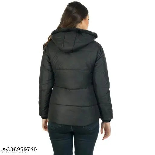 Black puffer coat with a furry hood