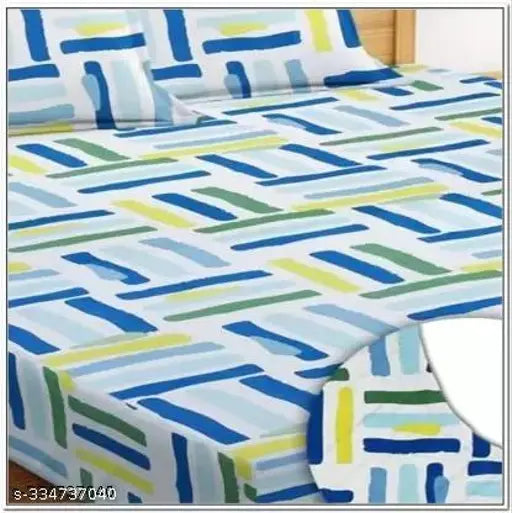 Blue geometric cotton double bedsheet with 2 pillow covers, superfine elastic quality for summer, ideal for adults