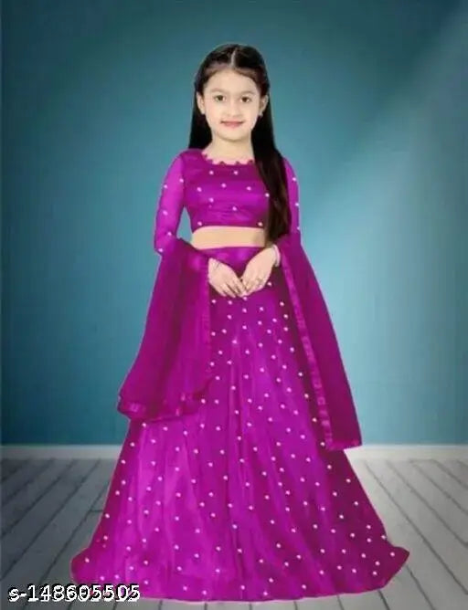 Purple embroidered net Lehenga Choli and Dupatta set, traditional ethnic wear for kids aged 0-14 years