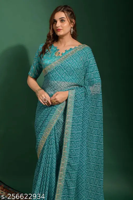 Bandhani printed chiffon saree with embroidered border and cotton silk blouse, vibrant tie-dye pattern on display