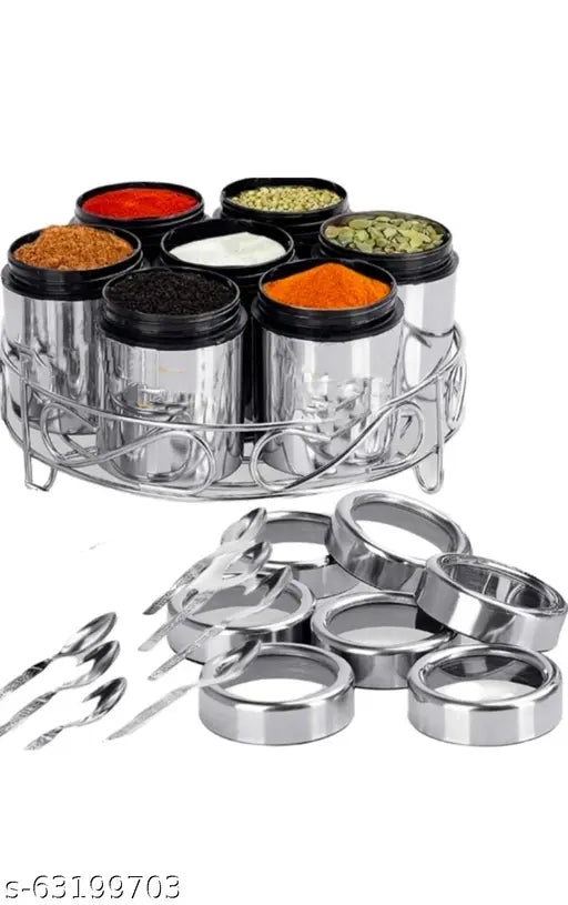 Stainless steel multipurpose masala dabba set with condiments jar, dry fruits box, wire stand, spices jar, and spoons