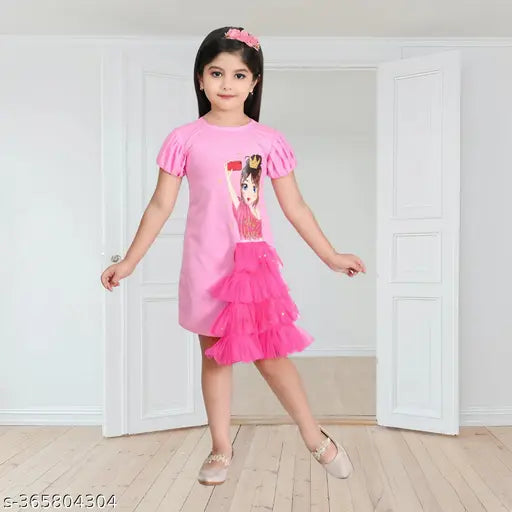 A pink dress with a doll print, sleeveless, ruffled hem, and possibly made of cotton or satin