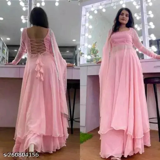 Pink chiffon lehenga with lace back and embellished border