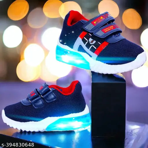 Blue and red LED light kids shoes (up to 7 years), breathable canvas with rubber sole, ideal for night outings, adjustable velcro closure, unisex casual knitted design, high-quality material