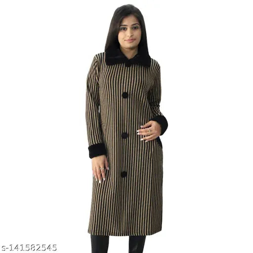 Brown and black striped shirt for women's long sleeved kurti, button-down front